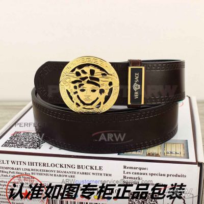 Perfect Fake Versace Smooth Leather Belt - Gold Skeleton Medusa Buckle